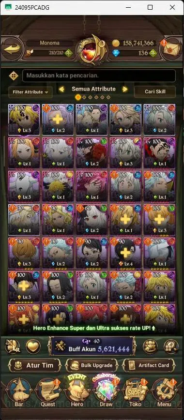 The Seven Deadly Sins: Grand Cross Accounts Others ASIA |5,6M CC|136 DM|5 LR|10 UR|LR Mesis 3/6|UR Menot 2/6,KOTP Tristan 8