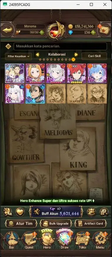 The Seven Deadly Sins: Grand Cross Accounts Others ASIA |5,6M CC|136 DM|5 LR|10 UR|LR Mesis 3/6|UR Menot 2/6,KOTP Tristan 9