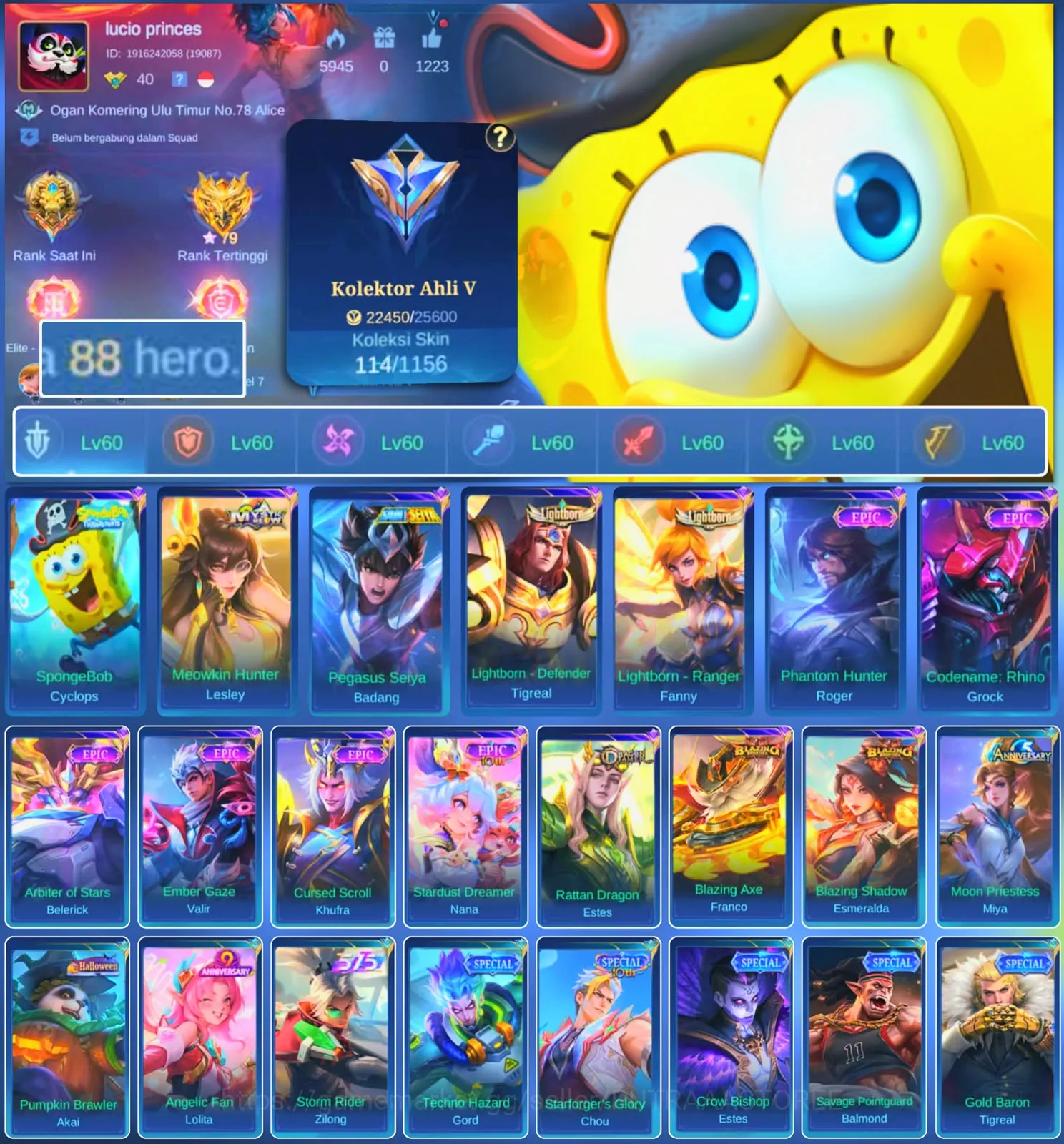 Mobile Legends: Bang Bang Accounts Others HERO 88 SKIN 114 | EMBLEM ALL MAX| CYPLOPS SPOBENGEBOB| EPIC ROGER | EPIC GROCK 1