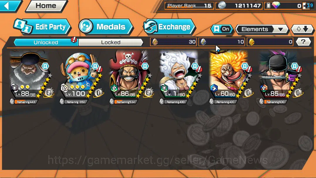 One Piece Bounty Rush Accounts Mid-Tier Global|5 EX|5 Elder St.Saturn,GP Gold D.Roger,G5 Monkey D.Luffy,HP Charlotte 5