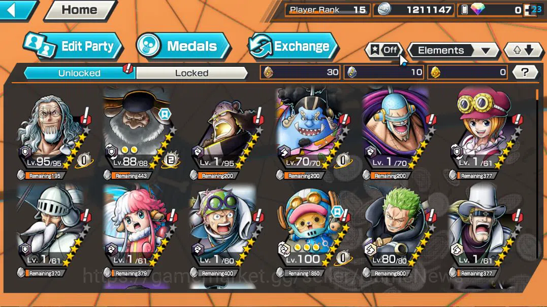 One Piece Bounty Rush Accounts Mid-Tier Global|5 EX|5 Elder St.Saturn,GP Gold D.Roger,G5 Monkey D.Luffy,HP Charlotte 6