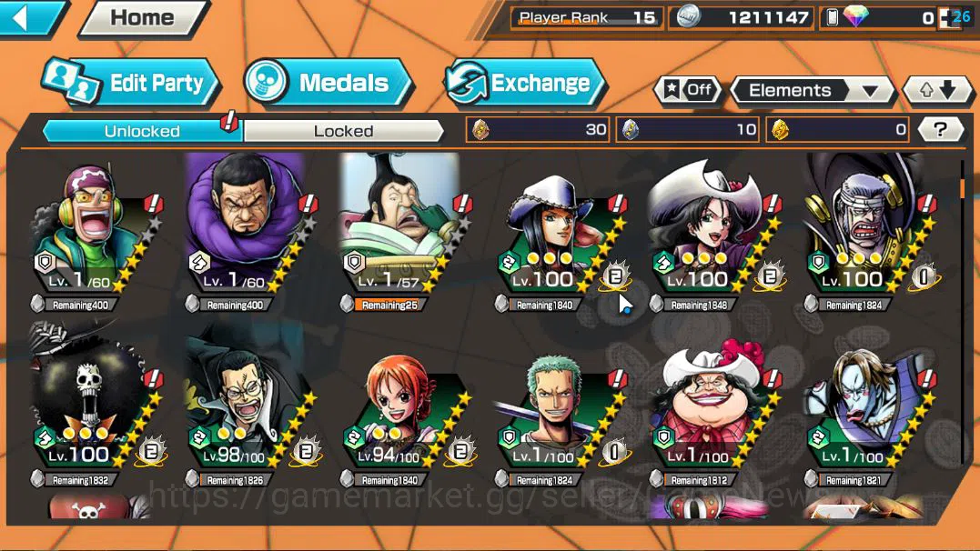One Piece Bounty Rush Accounts Mid-Tier Global|5 EX|5 Elder St.Saturn,GP Gold D.Roger,G5 Monkey D.Luffy,HP Charlotte 7