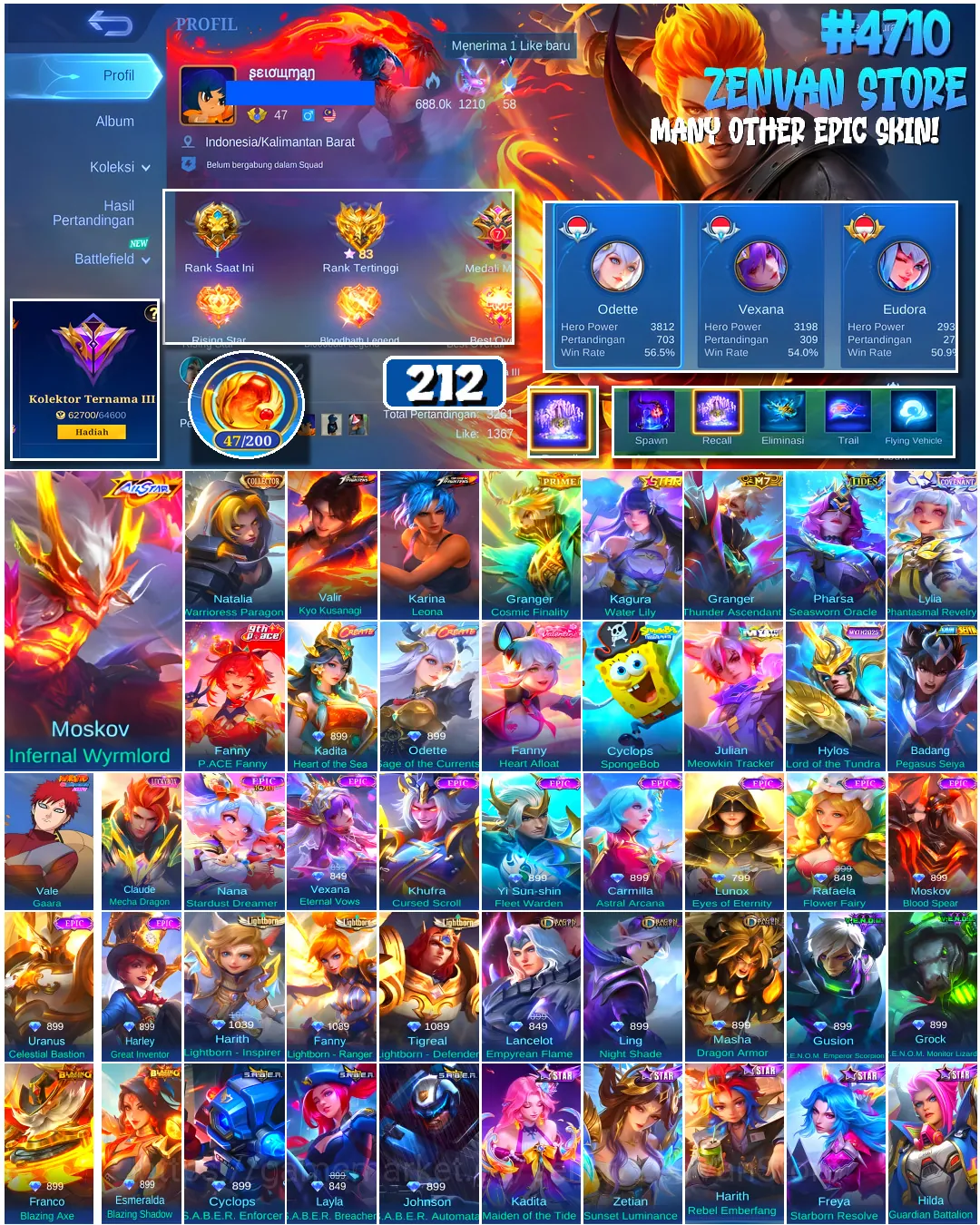 Mobile Legends: Bang Bang Accounts #4710 212 Skins | Moskov Infernal Wyrmlord (ALL STAR) | Karina Leona (KOF) | Valir Kyo 1
