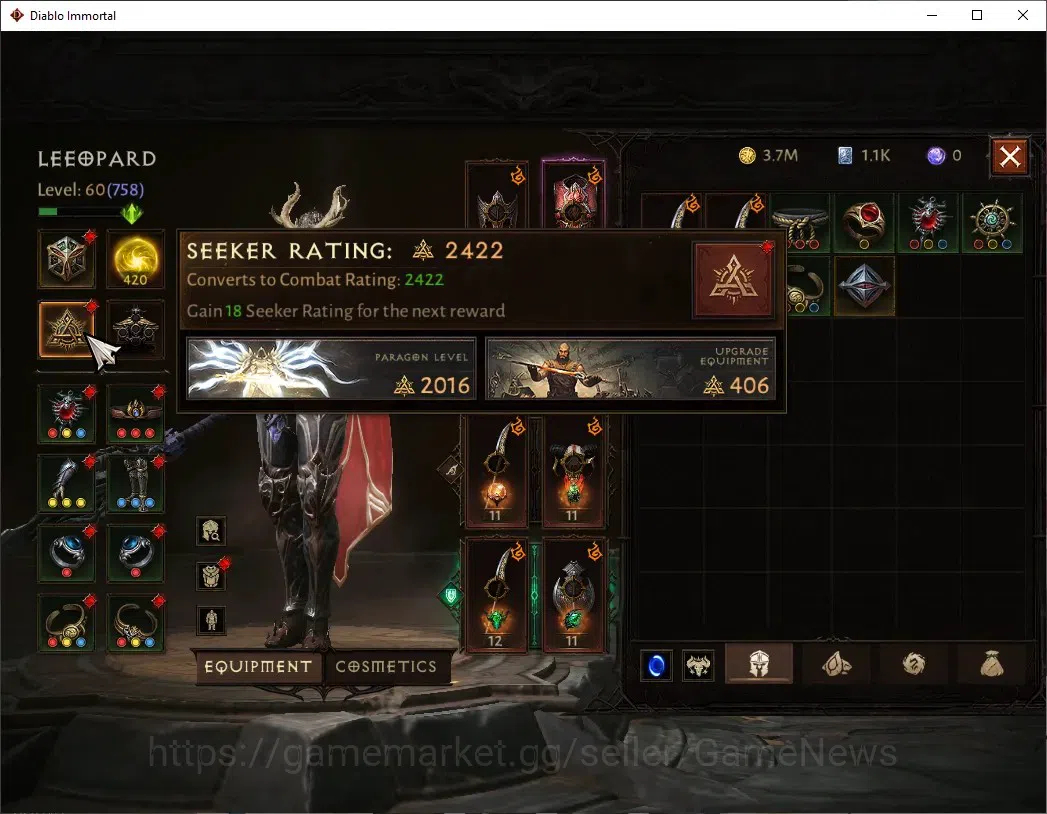 Diablo Immortal Accounts SA - Oza|CS ON|Lv60(758)|Blood Knight|42k CR|Reso  image 5