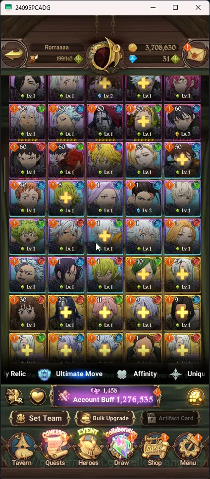 The Seven Deadly Sins: Grand Cross Accounts Others Asia | 1,276 CC | 1 LR Elizabeth | 2 UR Merlin&Escanor , DKM | Collab Sho 7