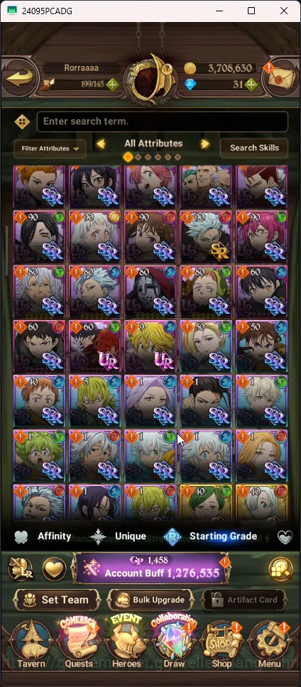 The Seven Deadly Sins: Grand Cross Accounts Others Asia | 1,276 CC | 1 LR Elizabeth | 2 UR Merlin&Escanor , DKM | Collab Sho 9