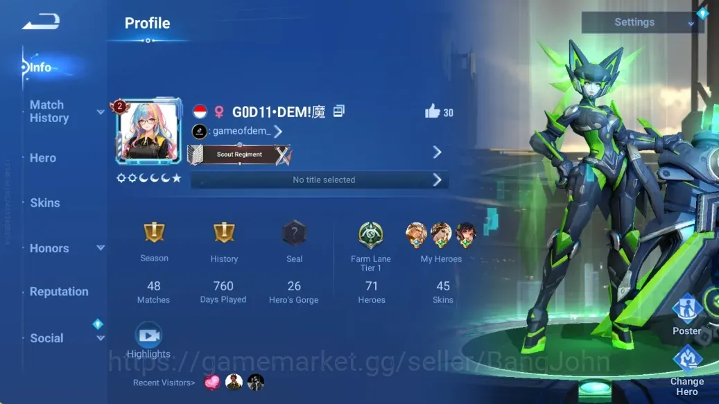 Honor of Kings Accounts Rare Skin Global|71H 45S|4 Legend:Hou Yi,Lady Sun,Consort Yu,Di 1