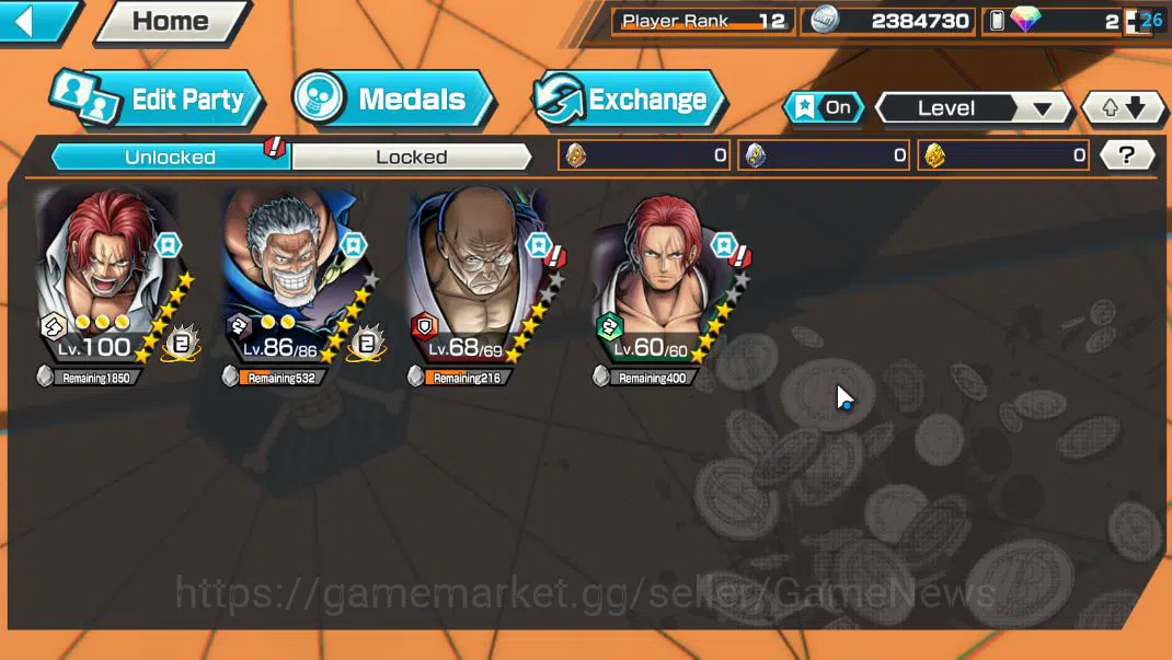 One Piece Bounty Rush Accounts Mid-Tier Global|4 EX 1 Max|DDe Shanks,LH monkey D.Garp,5 Elders St.Ethanborn V.Nusjuro,Film 5