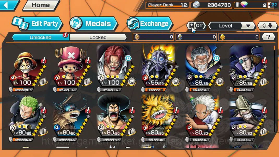 One Piece Bounty Rush Accounts Mid-Tier Global|4 EX 1 Max|DDe Shanks,LH monkey D.Garp,5 Elders St.Ethanborn V.Nusjuro,Film 6