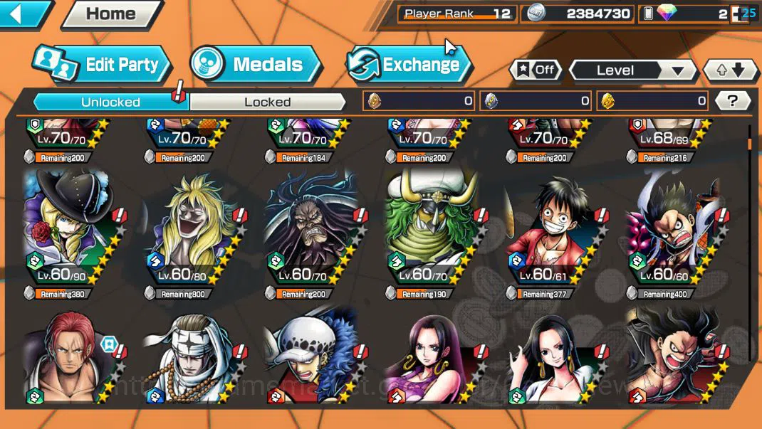 One Piece Bounty Rush Accounts Mid-Tier Global|4 EX 1 Max|DDe Shanks,LH monkey D.Garp,5 Elders St.Ethanborn V.Nusjuro,Film 7