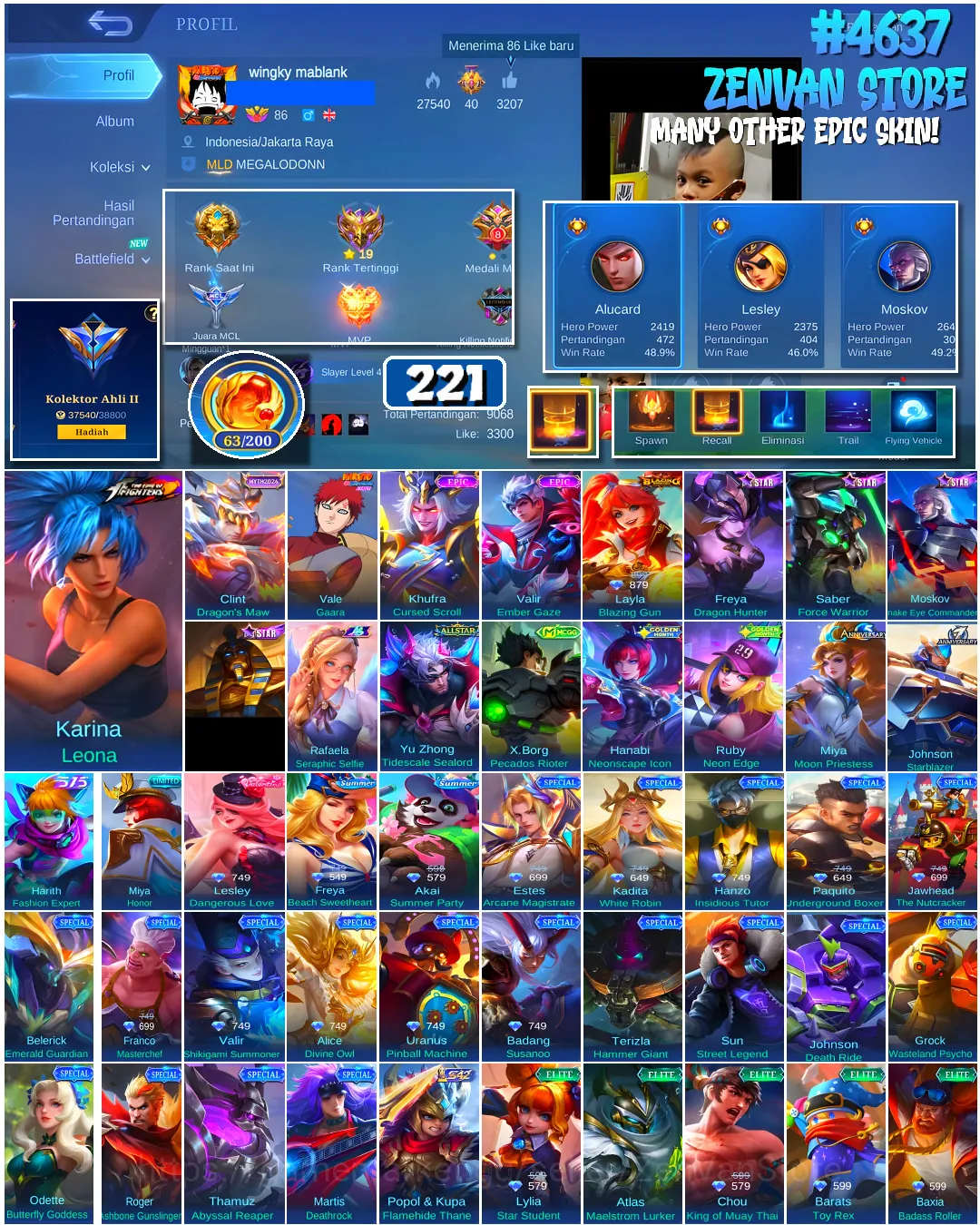 Mobile Legends: Bang Bang Accounts #4637 221 Skins | Karina Leona (KOF) | Vale Gaara (NARUTO) | Khufra Cursed Scroll (EPIC 1