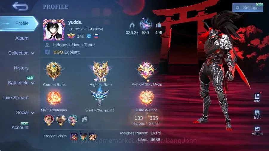 Mobile Legends: Bang Bang Accounts Collector Global|Skin 355|Exalted|Legend Alucard,KOF Karina,Naruto Lukas,STAR 1