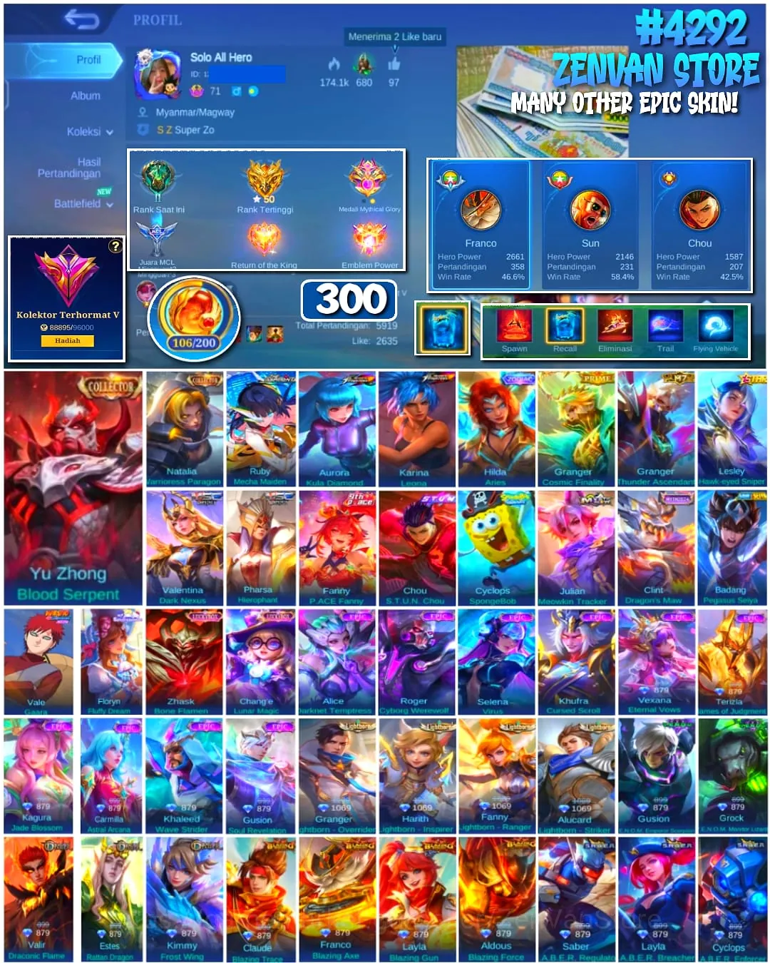 Mobile Legends: Bang Bang Accounts #4292 300 Skins | Yu Zhong Blood Serpent (COLLECTOR) | Natalia Warrioress Paragon 1