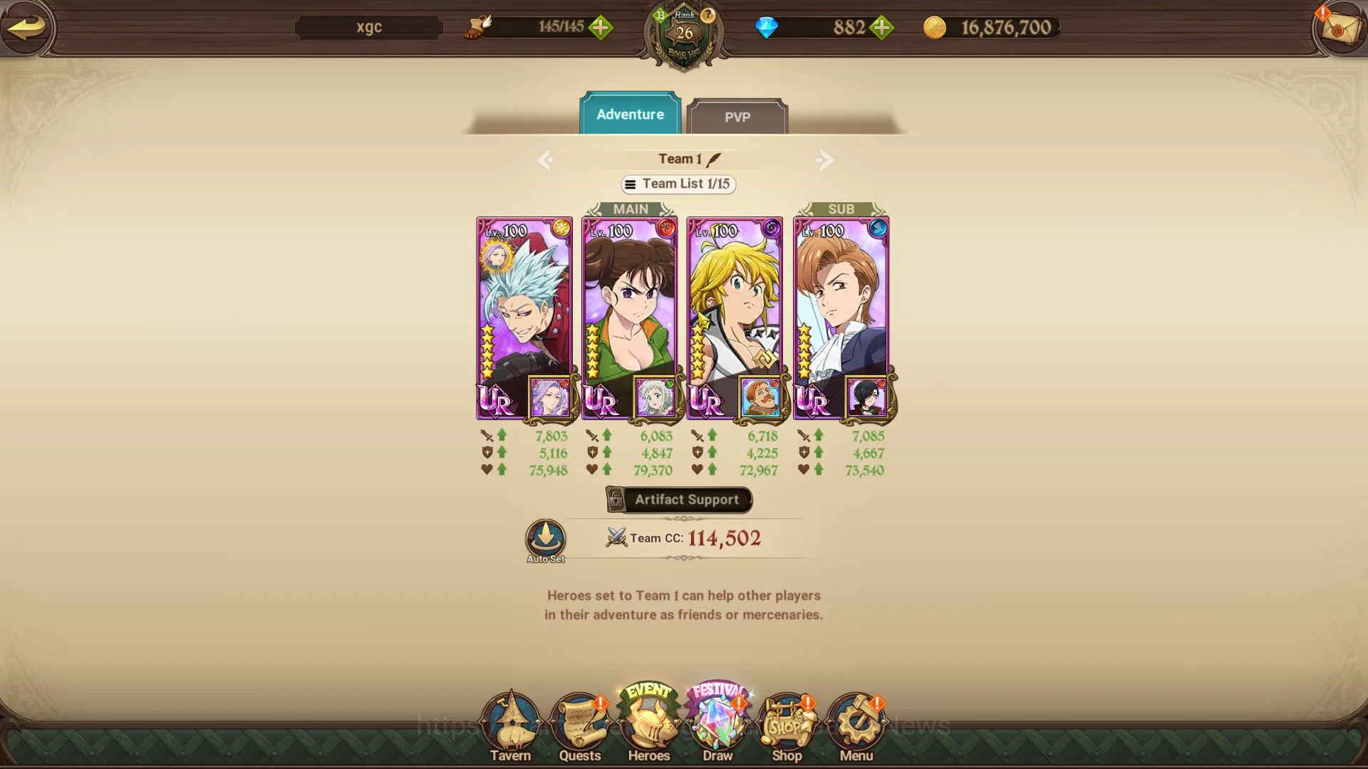 The Seven Deadly Sins: Grand Cross Accounts Midgame Global|909K CC|Starter Ch4|882 Dm| 2 UR | Merlin And Escanor, Demon King 4