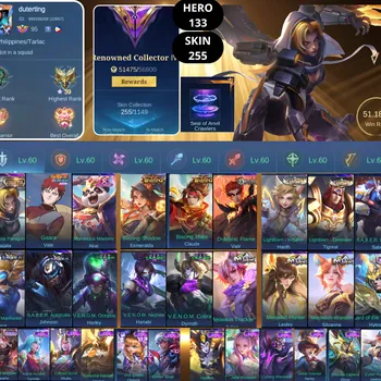 Mobile Legends: Bang Bang Accounts Smurf BEST OFFER | HERO 133 | SKIN 255 |GRAND RECALL ANVIL CRAWLERS| COLLECTOR NATALIA