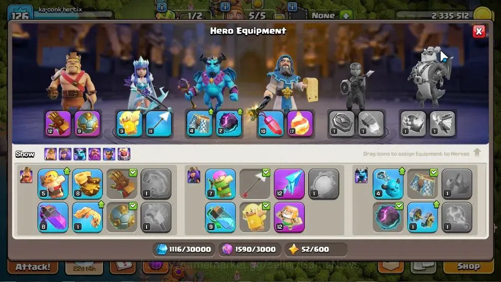 Clash of Clans Accounts High-End LV 126|TH 12 BH 8 HH 6|Limited Skin|BK 56,AQ 65,GW 40,MP 32 | BM 10 | 375 Gems | CN 16