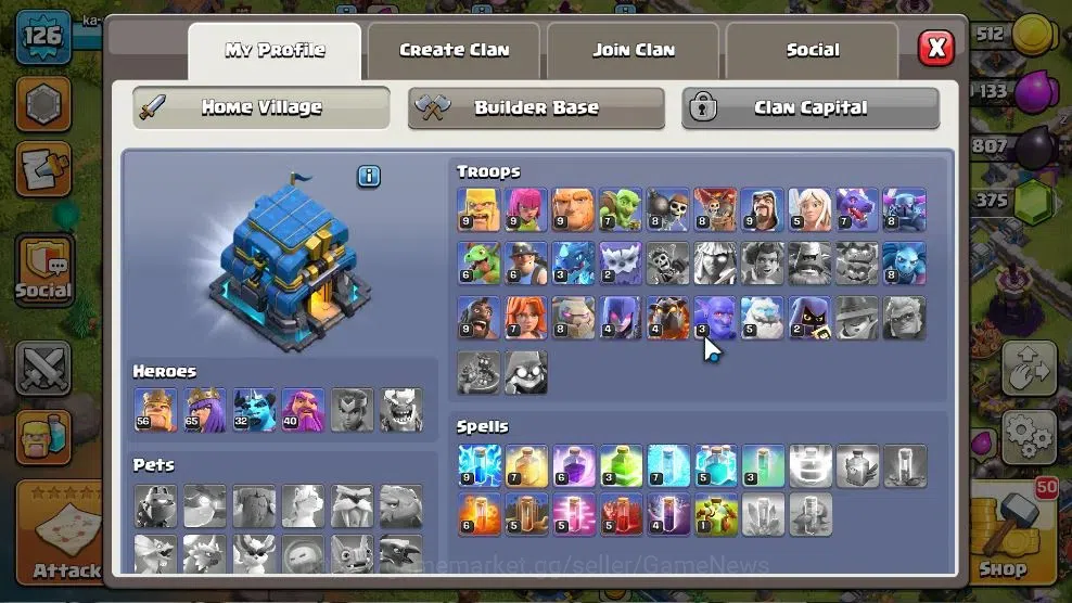 Clash of Clans Accounts High-End LV 126|TH 12 BH 8 HH 6|Limited Skin|BK 56,AQ 65,GW 40,MP 32 | BM 10 | 375 Gems | CN 3