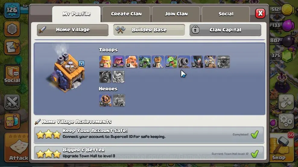 Clash of Clans Accounts High-End LV 126|TH 12 BH 8 HH 6|Limited Skin|BK 56,AQ 65,GW 40,MP 32 | BM 10 | 375 Gems | CN 6
