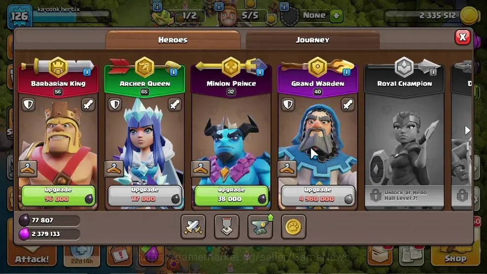 Clash of Clans Accounts High-End LV 126|TH 12 BH 8 HH 6|Limited Skin|BK 56,AQ 65,GW 40,MP 32 | BM 10 | 375 Gems | CN 8