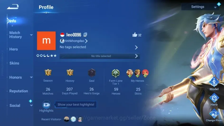 Honor of Kings Accounts Rare Skin Hero 59 Skin 25| 1 KIC Luna , 2 Legend Skin | 1 Legend Skin Selector Chest |TakeMail|Check 1