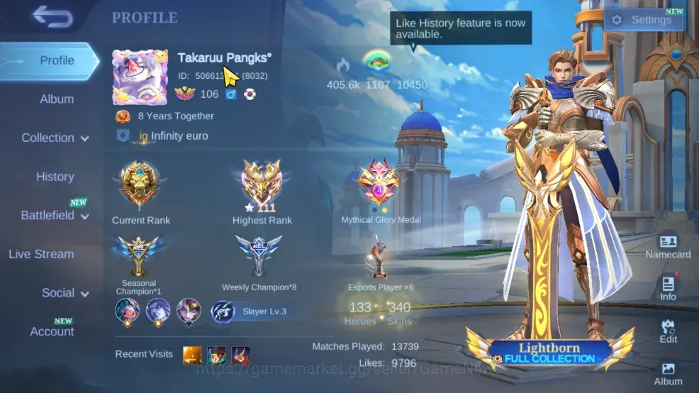 Mobile Legends: Bang Bang Accounts Collector Hero 133|Skin 340|Ex Imo 111|Recal Seal Anvil|Karina KOF,Roger TFormer,Floryn 1