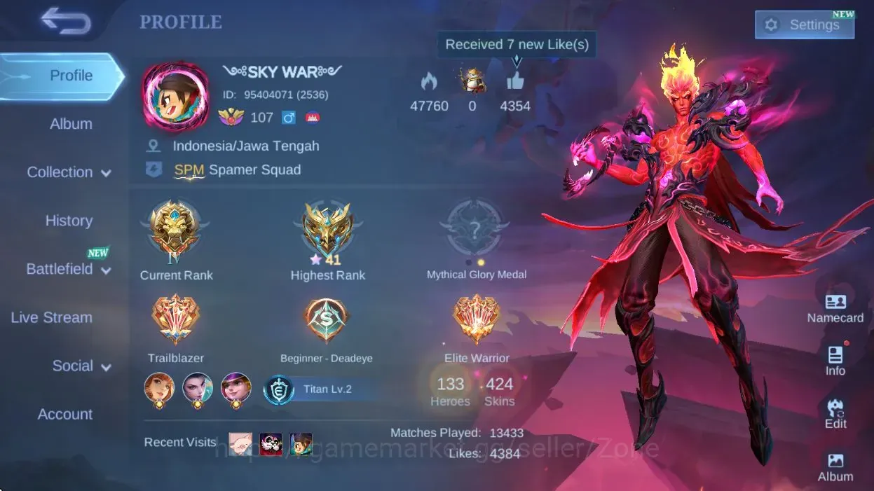Mobile Legends: Bang Bang Accounts Others Hero133|Skin 424|Exalted|Legend Valir|Prime Granger|Transformer 1