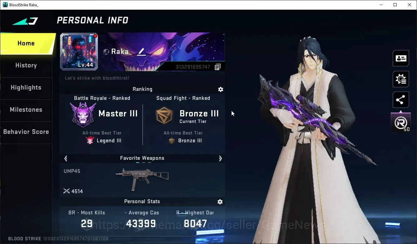 Blood Strike Accounts Collab Skin ASIA|ETERNAL KALA-Whisper+9 ULTRA[ Nacho-PitchStrike,UMP45,AUG,INP9,Etc]|Collab BLEACH 2