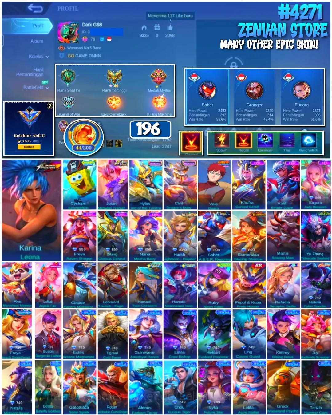 Mobile Legends: Bang Bang Accounts #4271 196 Skins | Karina Leona (THE KING OF FIGHTERS / KOF) | Vale Gaara (NARUTO x MLBB 1