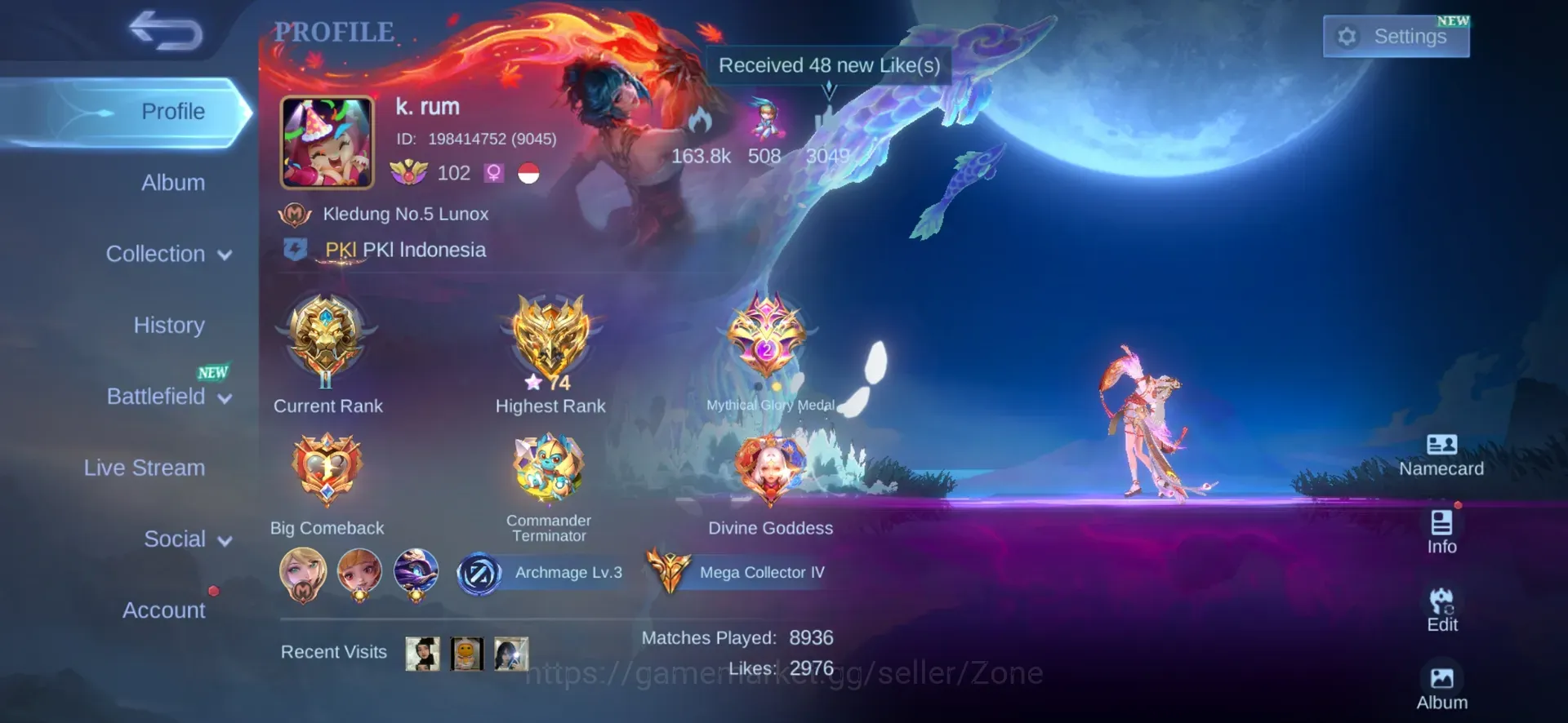Mobile Legends: Bang Bang Accounts Collector HERO 138|Skin 624|Mega|Legend Miya+Lunox|5 Collector|Asp 1