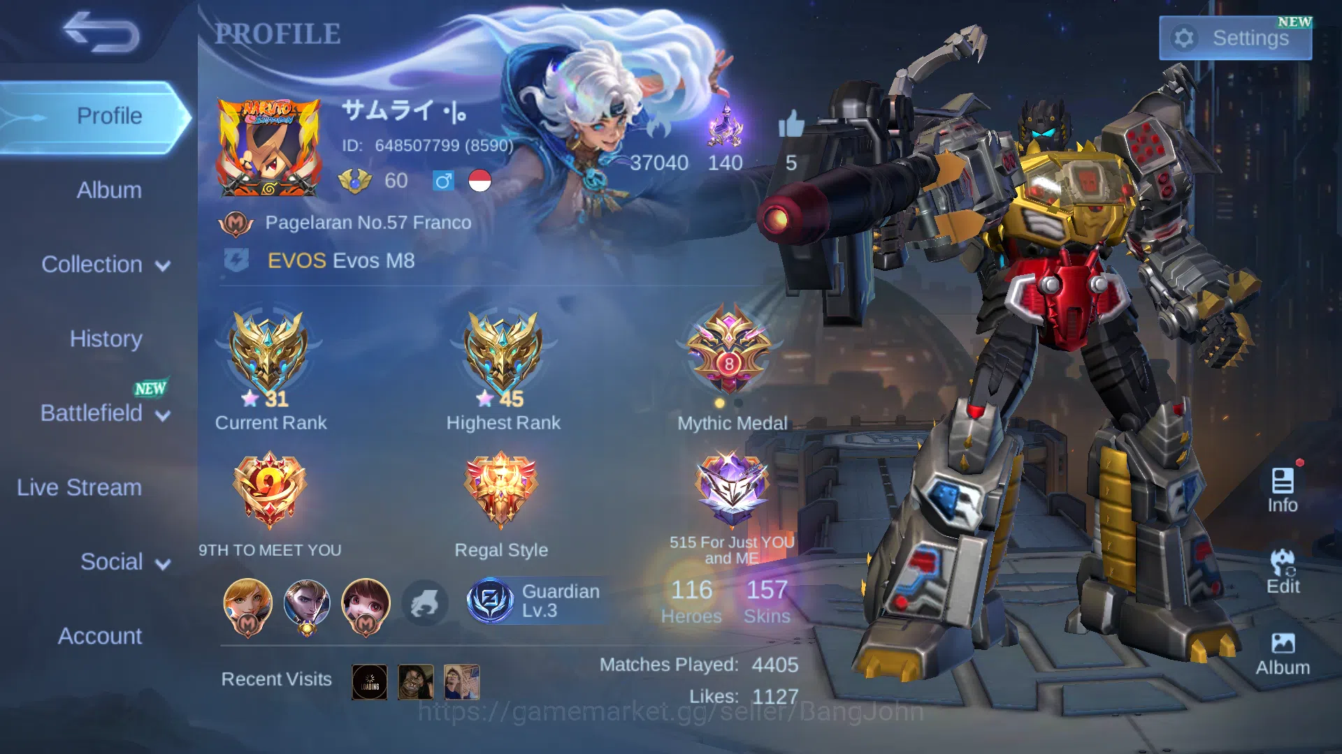 Mobile Legends: Bang Bang Accounts Hero 116 | Skin 157 | Emblem All Max | Trasnformer image 1