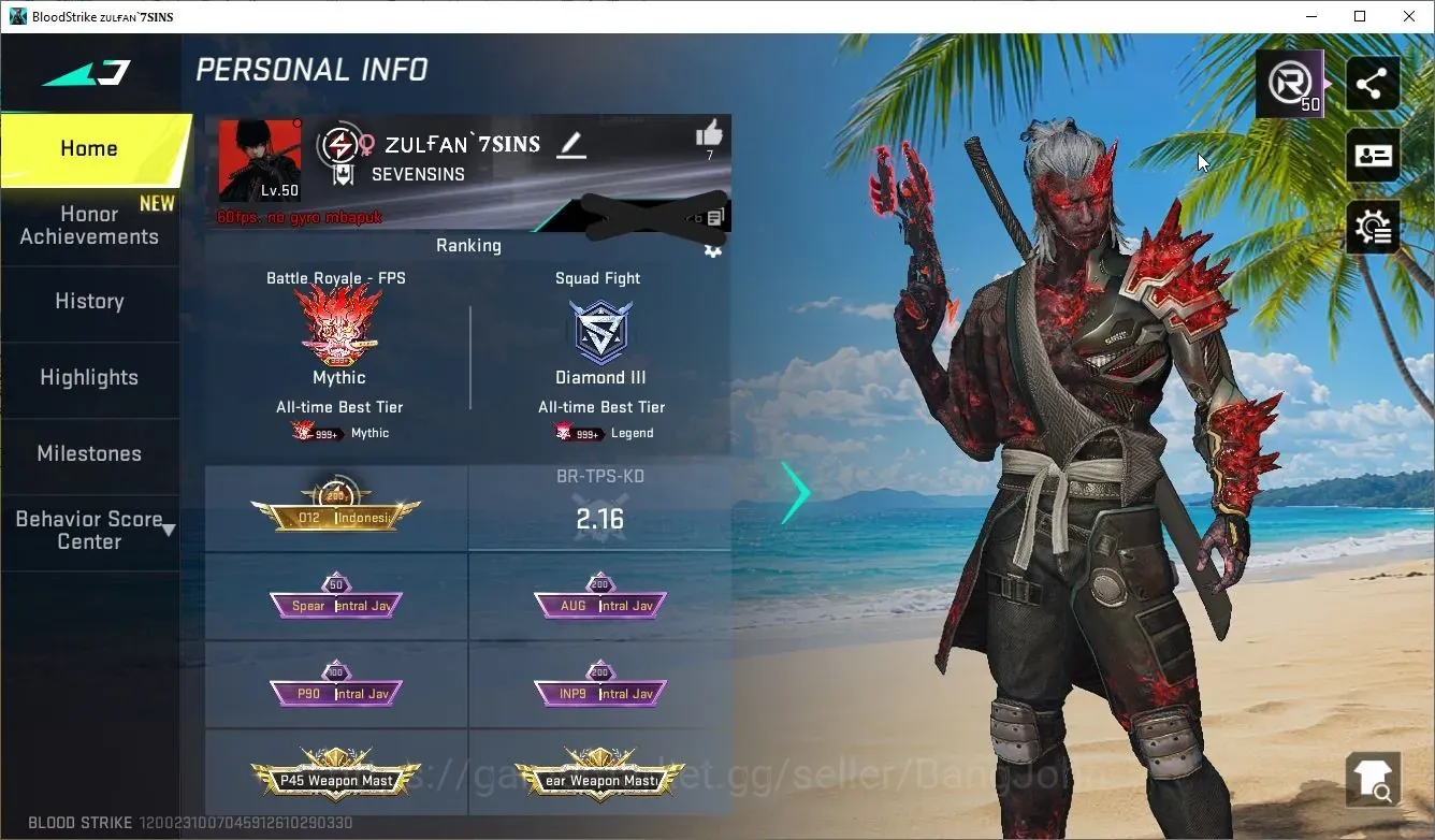 Blood Strike Accounts Collab Skin ASIA|2 Eternal:D-Eagle,MP7-Tidesong|7 Limit|12 COLLAB :AOT/7DS/TR/LS/OPM/Enzo/Bleach|13 1