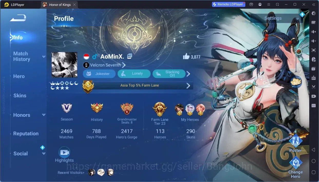 Honor of Kings Accounts Rare Skin Global|113H 290S|1 Mythic|4 Flawless|3 JJK|1 Precious|1 Blessed|6 LNY|4 ShanHai|1 1