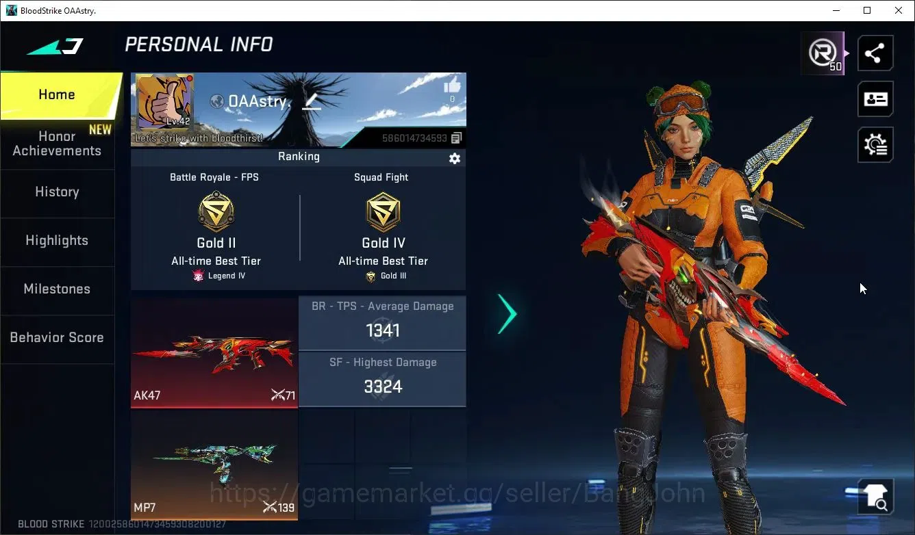 Blood Strike Accounts Collab Skin Asia|2 Collab AOT Guns:M4A1-BoF (S2) & AK47-PoH|2 Ultra Guns:Vecktor-FF,Fal-Warrior|5 1