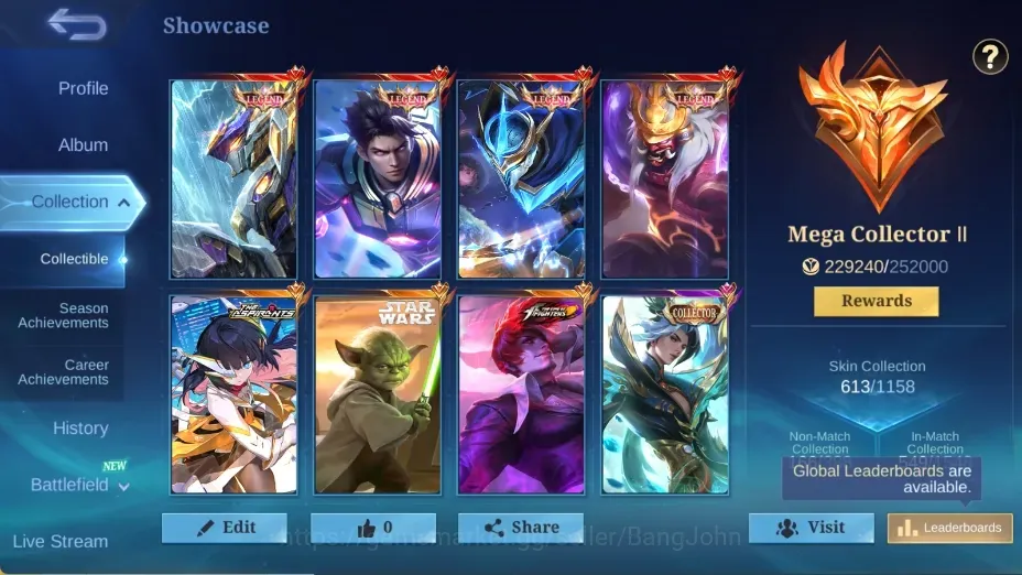 Mobile Legends: Bang Bang Accounts Others Global|138 Hero|Skin 613|MEGA|4 LEGEND SKIN|KOF Chou Aurora Dyrroth|TA X-Borg 1