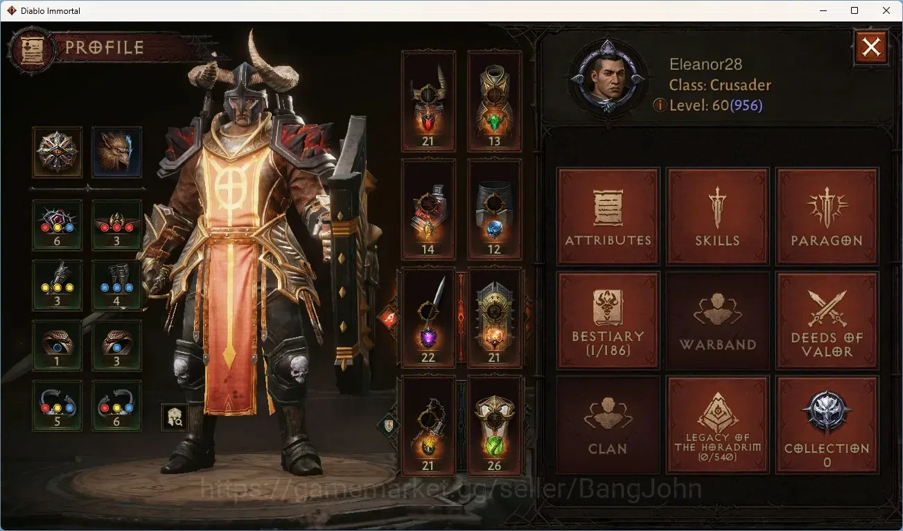 Diablo Immortal Accounts Others SEA - Peth | 60 (956) Crusader-Slayer | CR 46,3K | Reso 420 | Inferno V | Lv 30 Varog (6 1