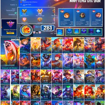 Mobile Legends: Bang Bang Accounts #4482 281 Skins | Leomord Diavel V4 Rider (DUCATI) | Karina Leona (KOF) | Melissa Nobara