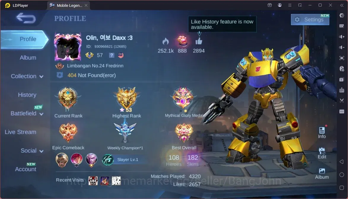 Mobile Legends: Bang Bang Accounts Collector Global |Hero 108|Skin 182|Renowned|TFM Xborg,Roger|Sanrio Floryn|LBX Zhask|CC 1