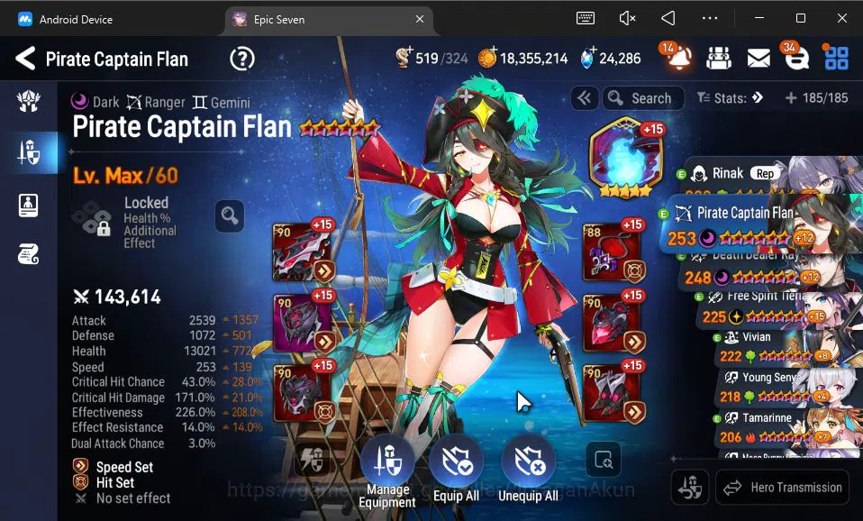 Epic Seven Accounts High-End Global Unverif|11 ML (Empryn Ilynav,Boss Arunka,PC Flan,etc)+AFSoak Flan,Yufine,Etc|PoH ON|24K 6