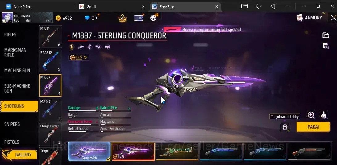 Free Fire Accounts Indonesia|M1887 Sterling Conqueror Lv5,Emerald P|A image 4