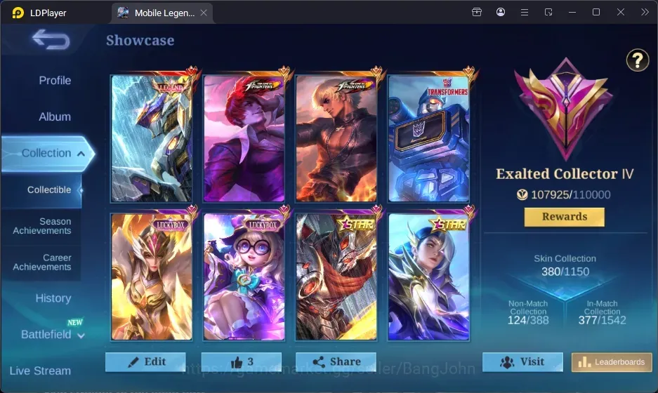 Mobile Legends: Bang Bang Accounts Collector Global|380S|Collector|Legend Saber,KOF Chou,KOF Karina,KOF GS,TF Roger,TF 1