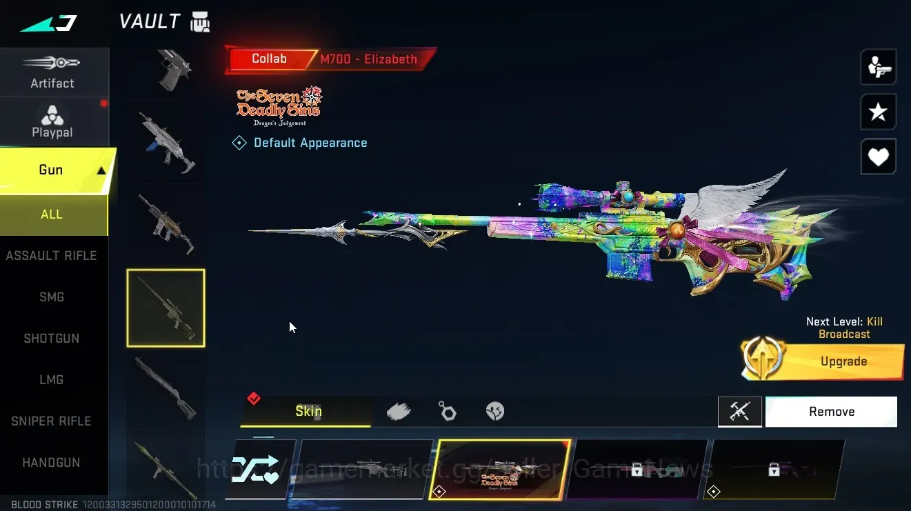 Blood Strike Accounts Collab Skin Asia|Collab 7DS M700-Elizabeth,AK47,Karl98,QBZ95,Bleach Byakuya,Eva MCX,FAL-Draco|22 1