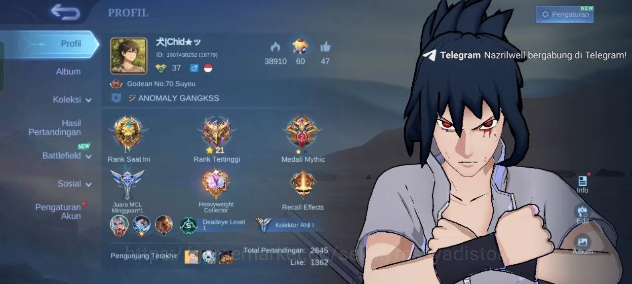 Mobile Legends: Bang Bang Accounts Rare Skin MLBB EXPERT 1 | HERO MAX | EMBLEM MAX| SKIN 142, SASUKE SUYOU, ZODIAC 1