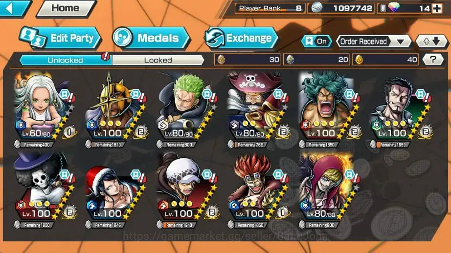 One Piece Bounty Rush Accounts High-End Global | EX 2 | PR 8 | Gol D. Roger,S-Snake |RD 14| LogBandai Check SS OPBR413B 4