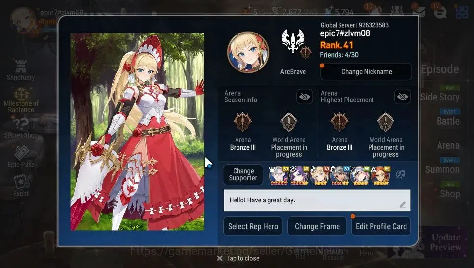 Epic Seven Accounts Limited Hero GLOBAL Unverif|New Era|6 ML(Salome,Solitaria otS,LC Bellona,Etc)+TA Coli,Setsuka,Etc|PoH 2