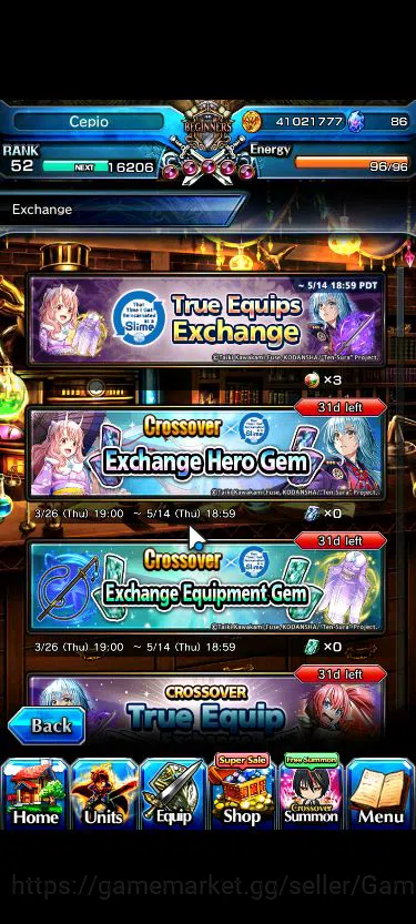 Grand Summoners Accounts Starter Global|Rank 52|6 Ascend+2 TW|[Inumuta,Rimuru]+TW,Chloe,Shishio,Elnore,Sanageyama|Lpot 9