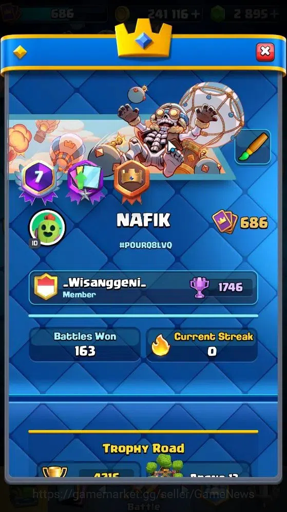 Clash Royale Accounts High-End KTL 10|Trophy 4216|Total Card 88|1 Hero 4 EVO 7 Legend 36 Epic 32 Rare 12 2
