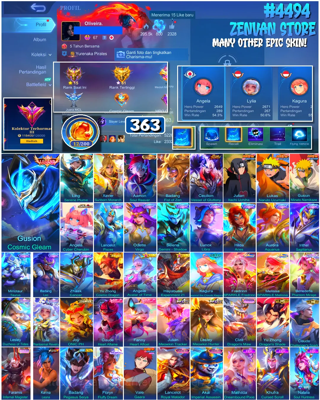 Mobile Legends: Bang Bang Accounts #4494 363 Skins | Gusion Cosmic Gleam (LEGEND) | Gusion Minato Namikaze (NARUTO) | Julian 1
