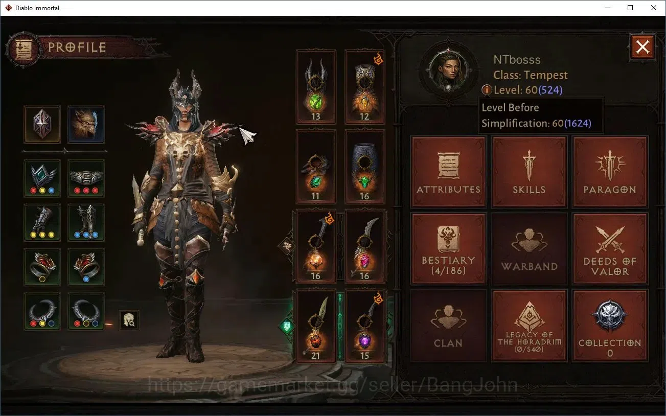Diablo Immortal Accounts High-End NA - High Heavens | 60 (524) Tempest-Vanquisher | CR 36K | Reso 330 | Inferno 3 | Varog Lv 1