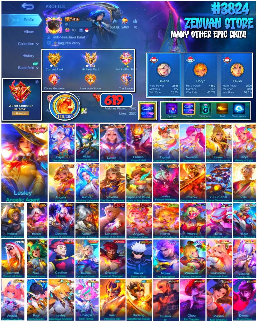 Mobile Legends: Bang Bang Accounts Collector #3824 619 Skins | Legends Lesley, Layla, Alpha, Lunox & Franco | Massive 1