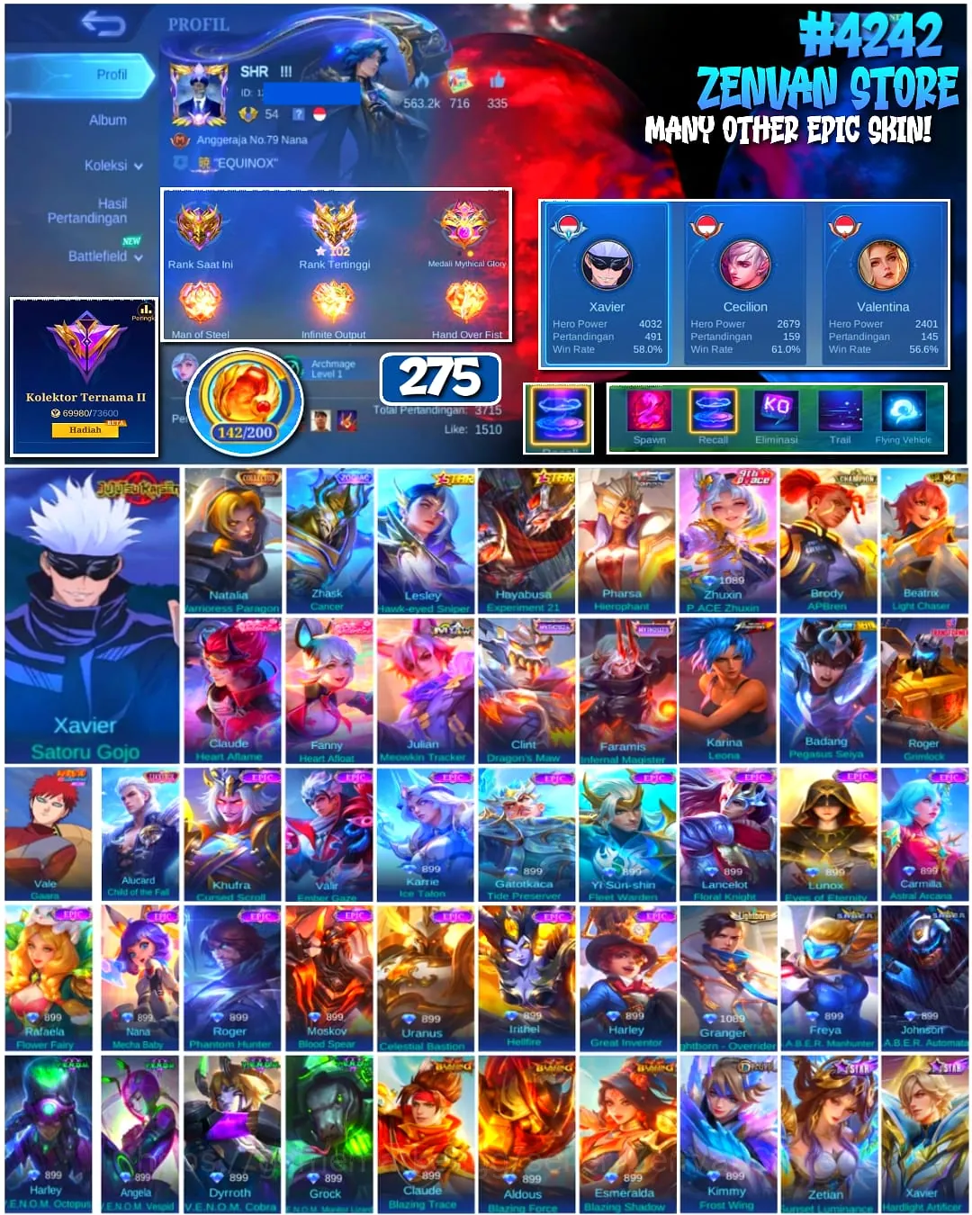 Mobile Legends: Bang Bang Accounts #4242 275 Skins | Xavier Satoru Gojo (Jujutsu Kaisen) | Natalia Warrioress Paragon 1